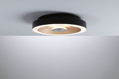 Runde Deckenleuchte aus Metall in Schwarz mit warmweißem LED-Ring und Holzdekor für modernes Lichtdesign.
