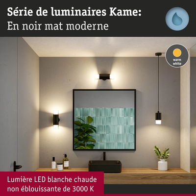 Luminaires Kame modernes noirs mats avec lumière LED blanche chaude 3000K dans salle de bain