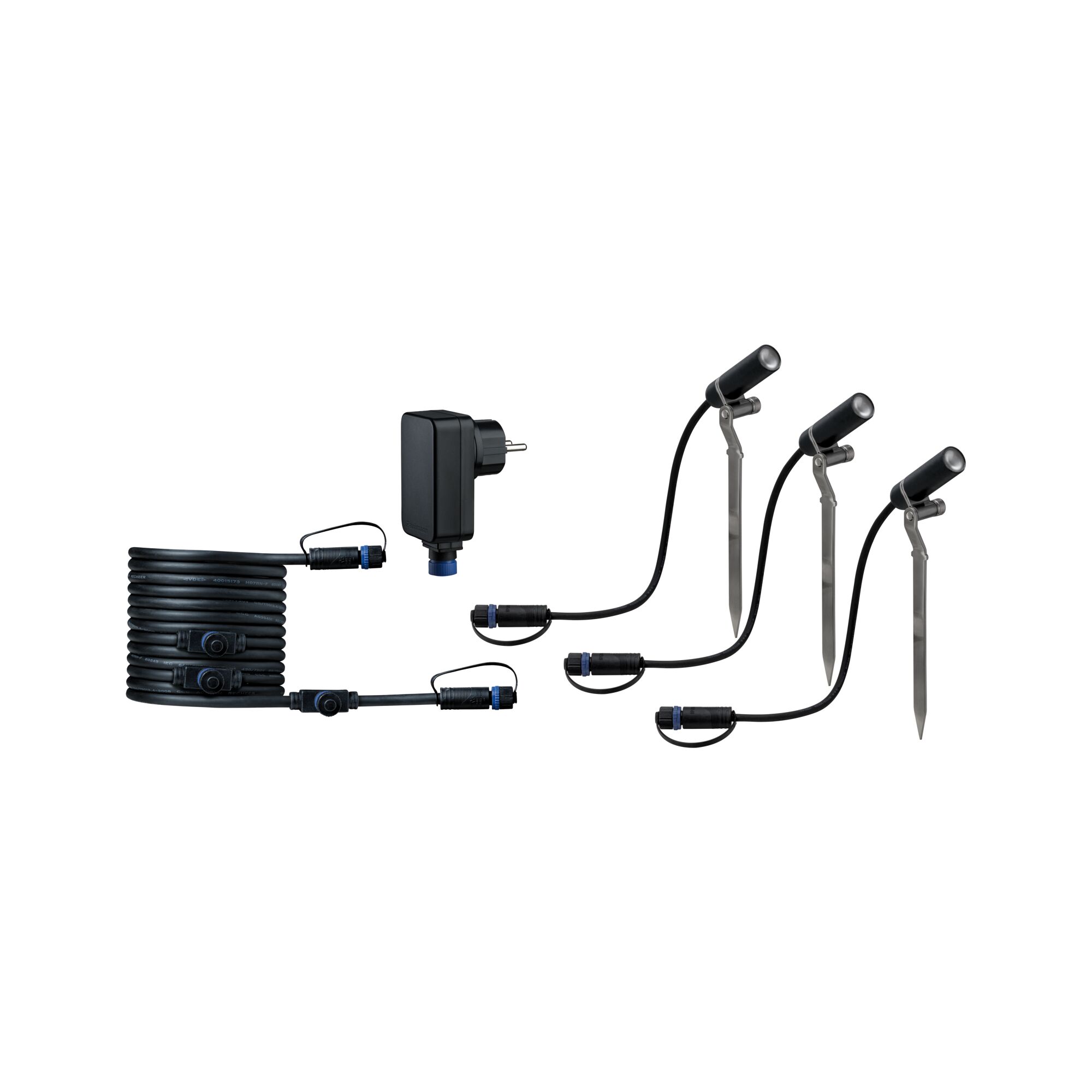 Set mit drei schwarzen LED-Gartenstrahlern auf Erdspießen und Kabel mit Netzstecker für Außenbeleuchtung
