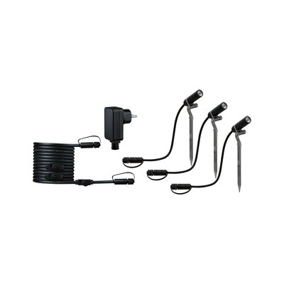 Set mit drei schwarzen LED-Gartenstrahlern auf Erdspießen und Kabel mit Netzstecker für Außenbeleuchtung