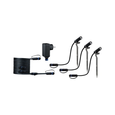 Set van drie zwarte LED-tuinschijnwerpers met grondpennen en kabel met stekker voor buitenverlichting