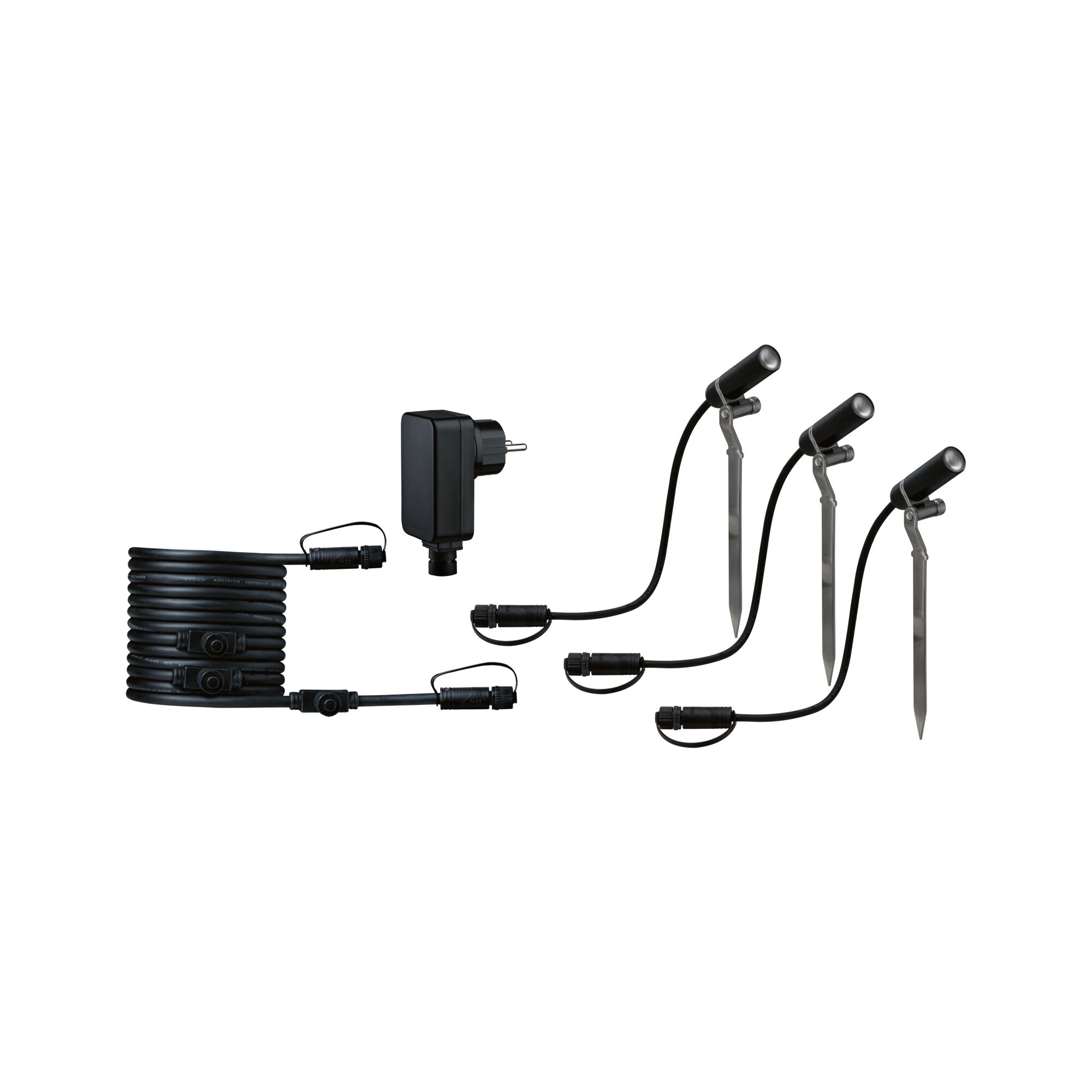Black LED garden spotlight set with ground spikes and cable for outdoor garden lighting
