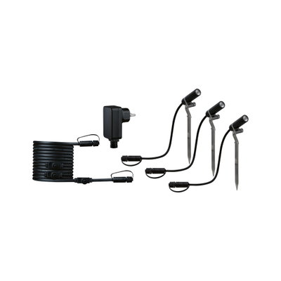 Black LED garden spotlight set with ground spikes and cable for outdoor garden lighting