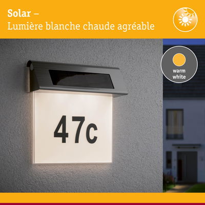 Éclairage solaire en acier inoxydable pour numéro de maison avec lumière blanche chaude extérieure