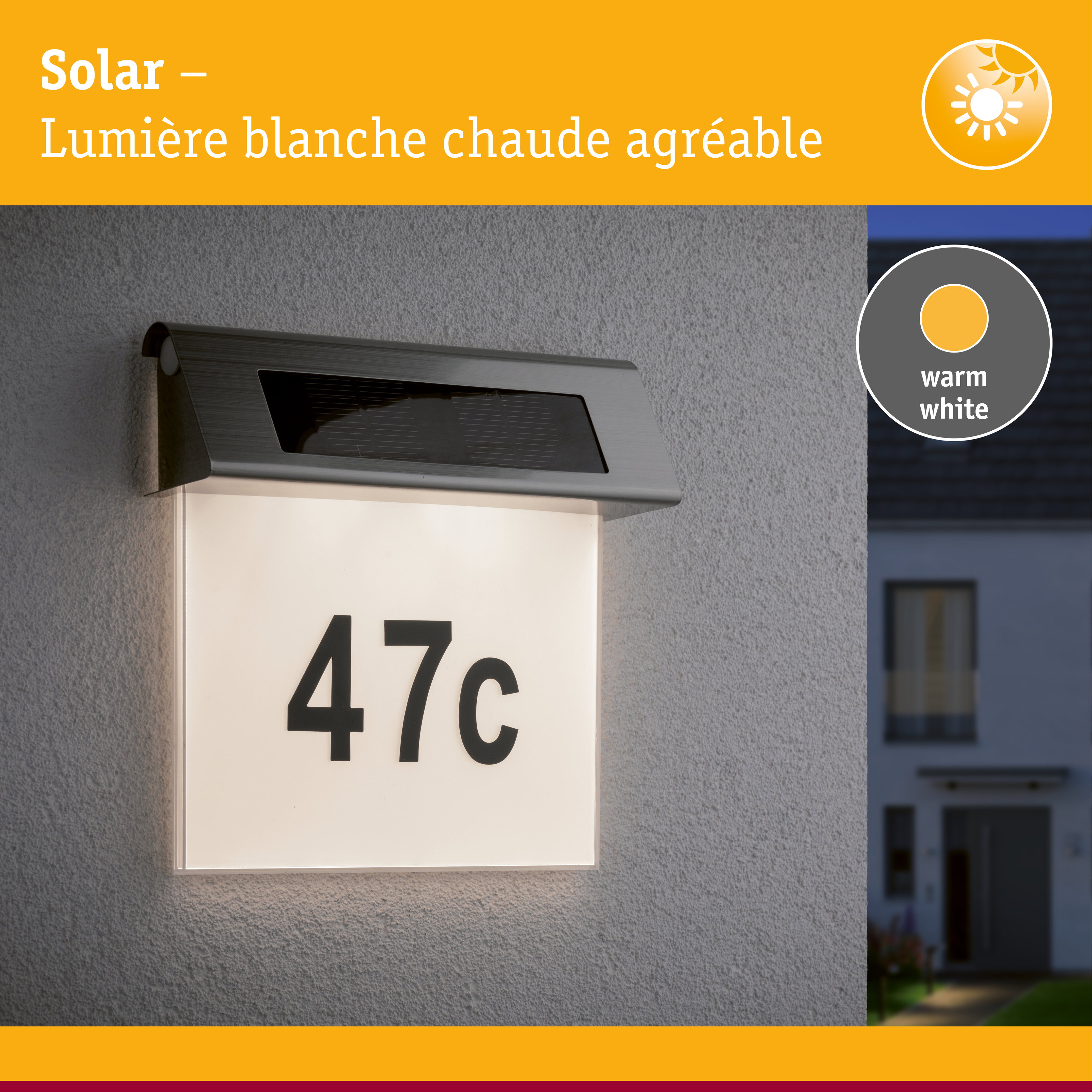 Lanterne solaire en acier inoxydable avec lumière blanche chaude pour numéro de maison extérieur
