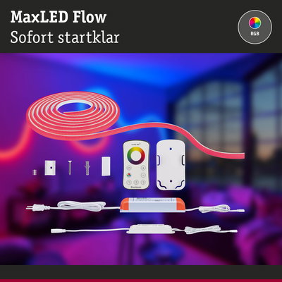 MaxLED Flow RGB LED-Lichtband mit Fernbedienung und Zubehör für farbige Raumbeleuchtung