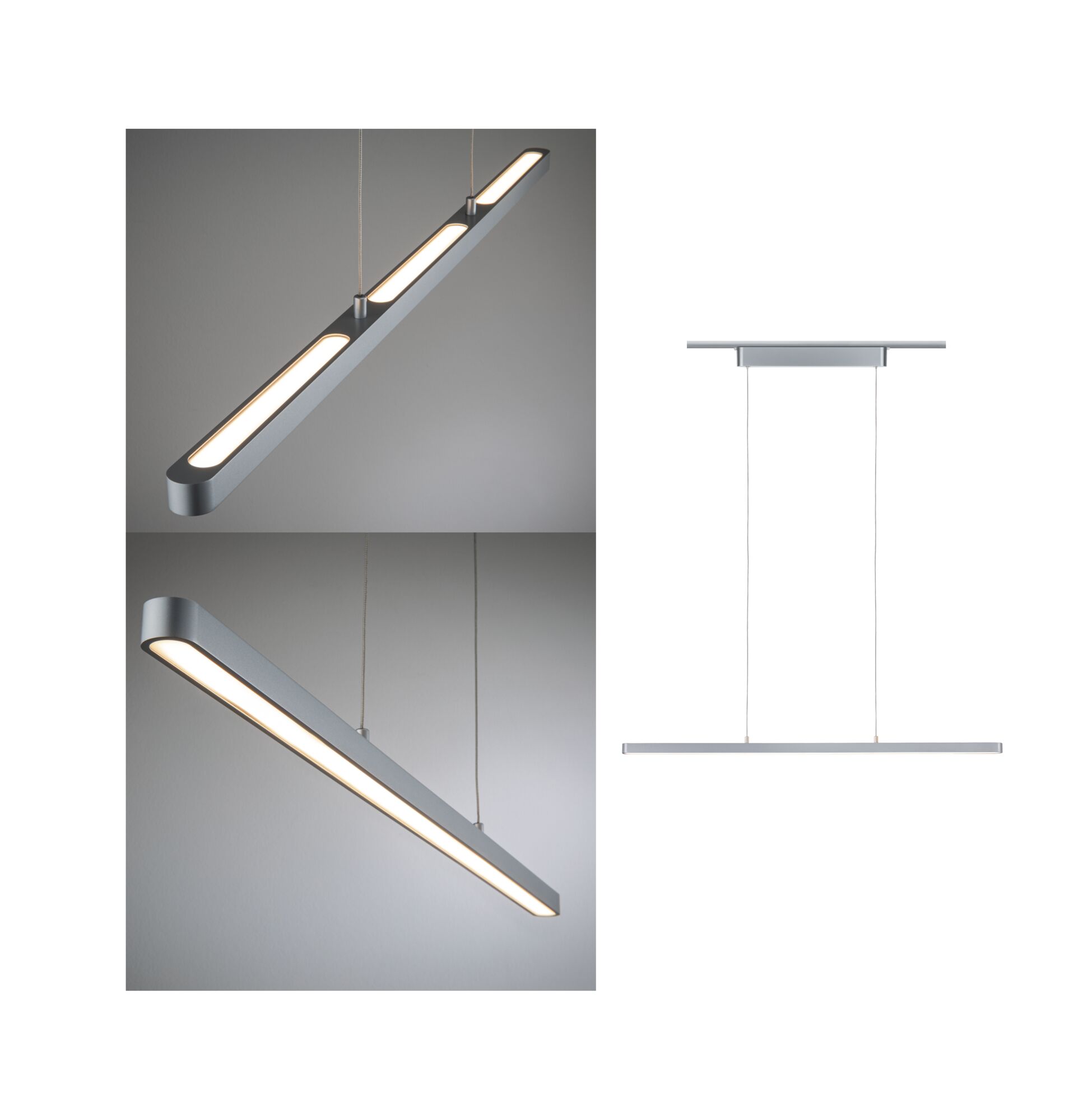 Moderne LED-Pendelleuchte aus silbernem Aluminium mit warmweißem Licht für Wohnräume.