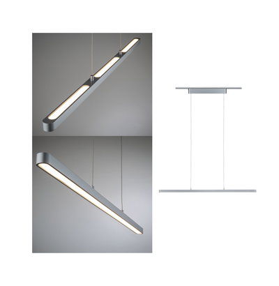 Moderne LED-Pendelleuchte aus silbernem Aluminium mit warmweißem Licht für Wohnräume.