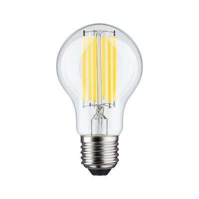 Classic LED light bulb with clear glass and yellow filaments, energy-saving lighting solution.