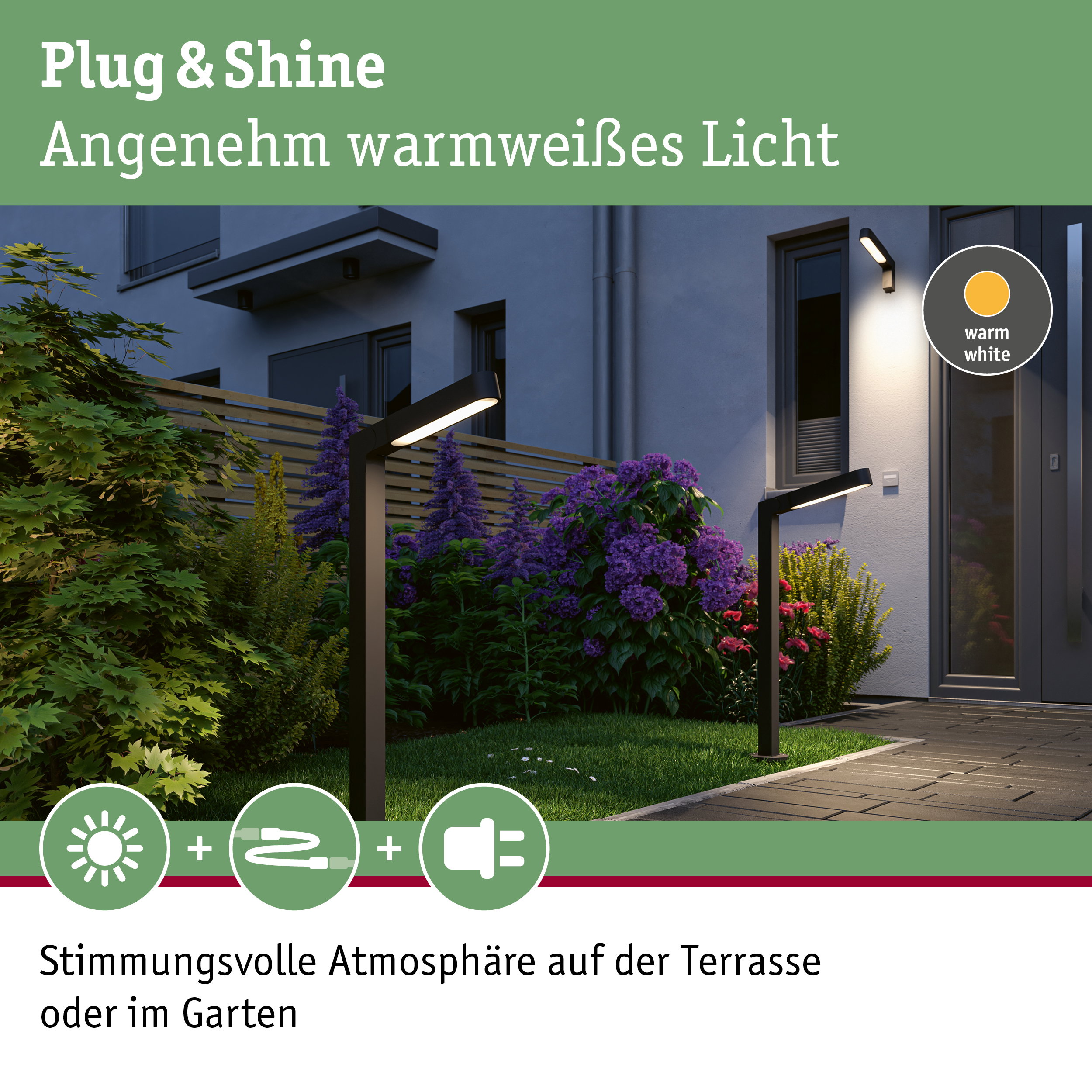 Moderne Außenleuchten in Schwarz mit warmweißem Licht beleuchten Terrasse und Garten mit Pflanzen