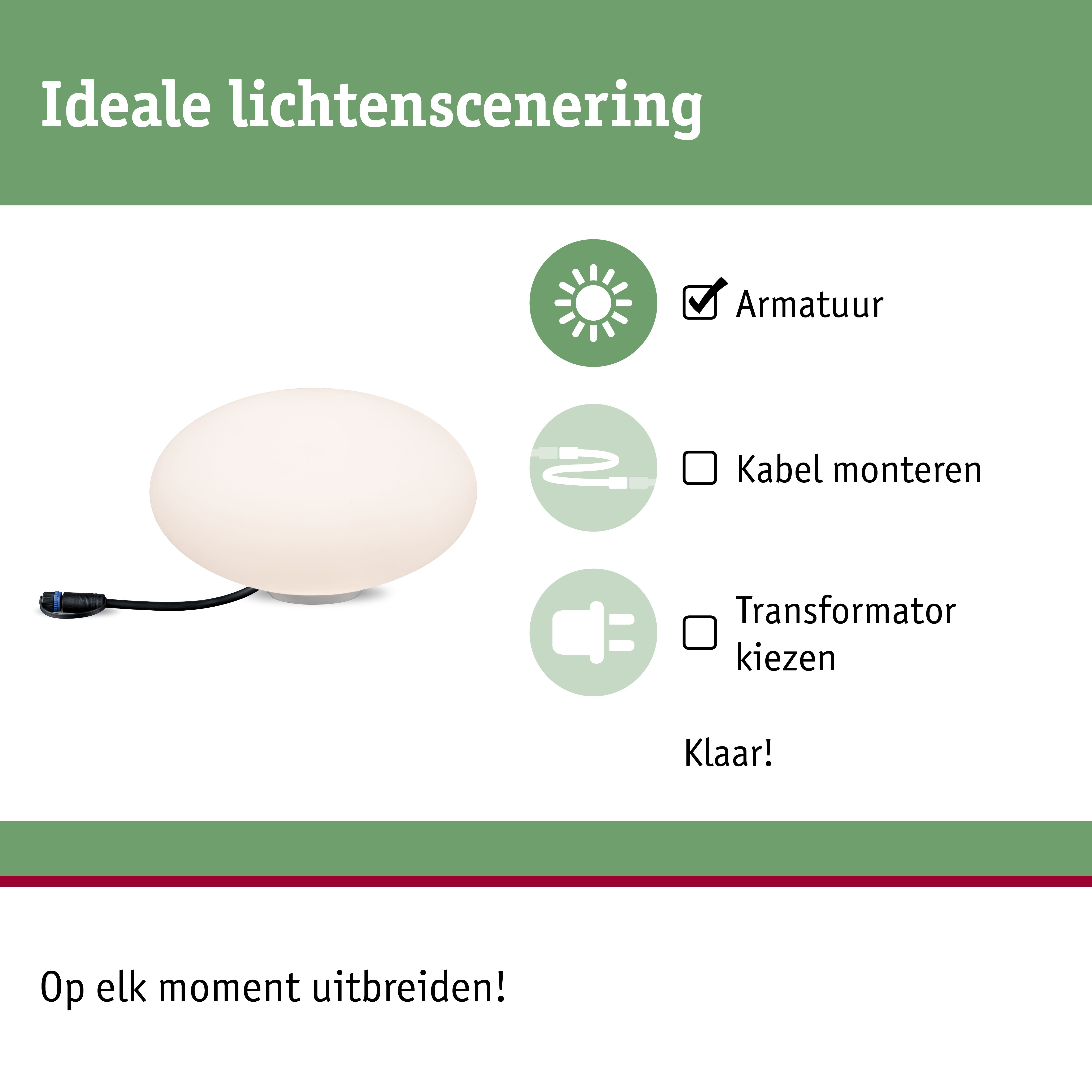 Ronde witte lamp met zwarte kabel voor eenvoudige montage en flexibele uitbreiding
