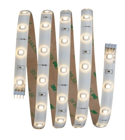 Flexible weiße LED-Lichtleiste mit warmweißem Licht und selbstklebender Rückseite für Innenbeleuchtung.