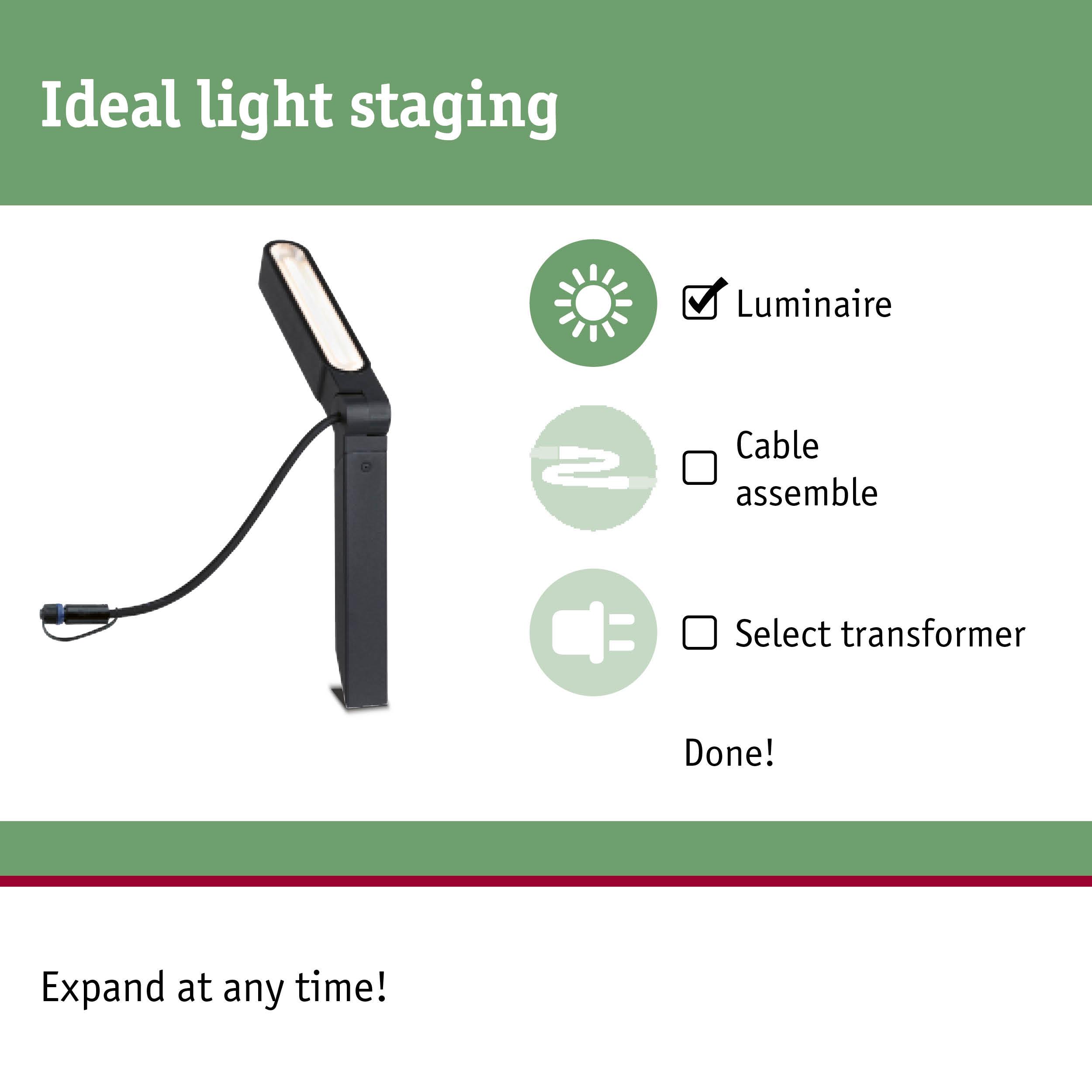 Black LED outdoor luminaire with adjustable head and cable for garden lighting solutions.