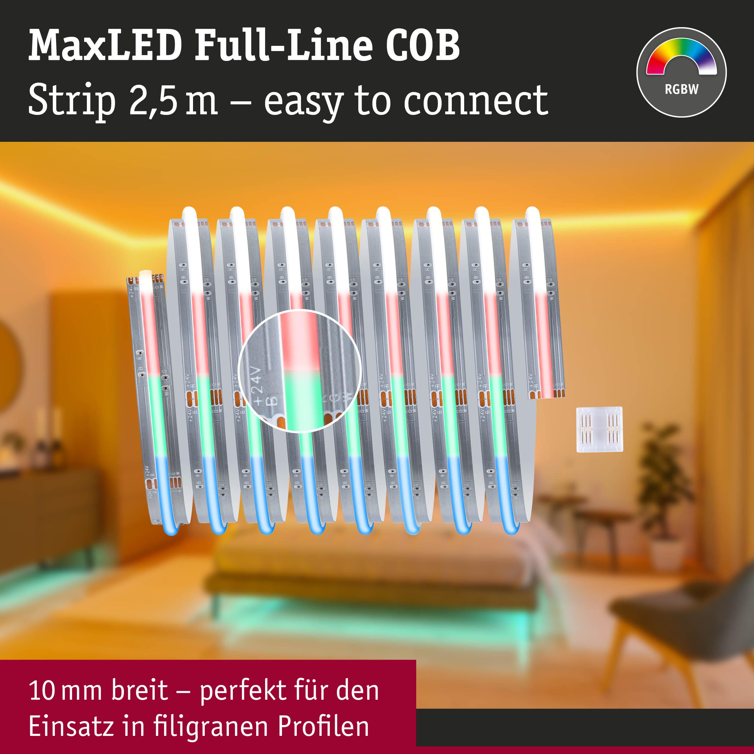 MaxLED Full-Line COB LED-Strip 2,5 m RGBW mit einfacher Verbindung, 10 mm breit für filigrane Profile