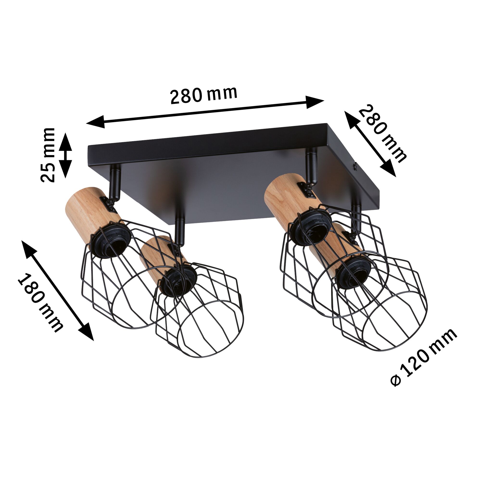 Zwart plafondlamp met houten accenten en vier zwarte draadlampenkappen, afmetingen 280x280 mm.