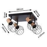 Zwart plafondlamp met houten accenten en vier zwarte draadlampenkappen, afmetingen 280x280 mm.