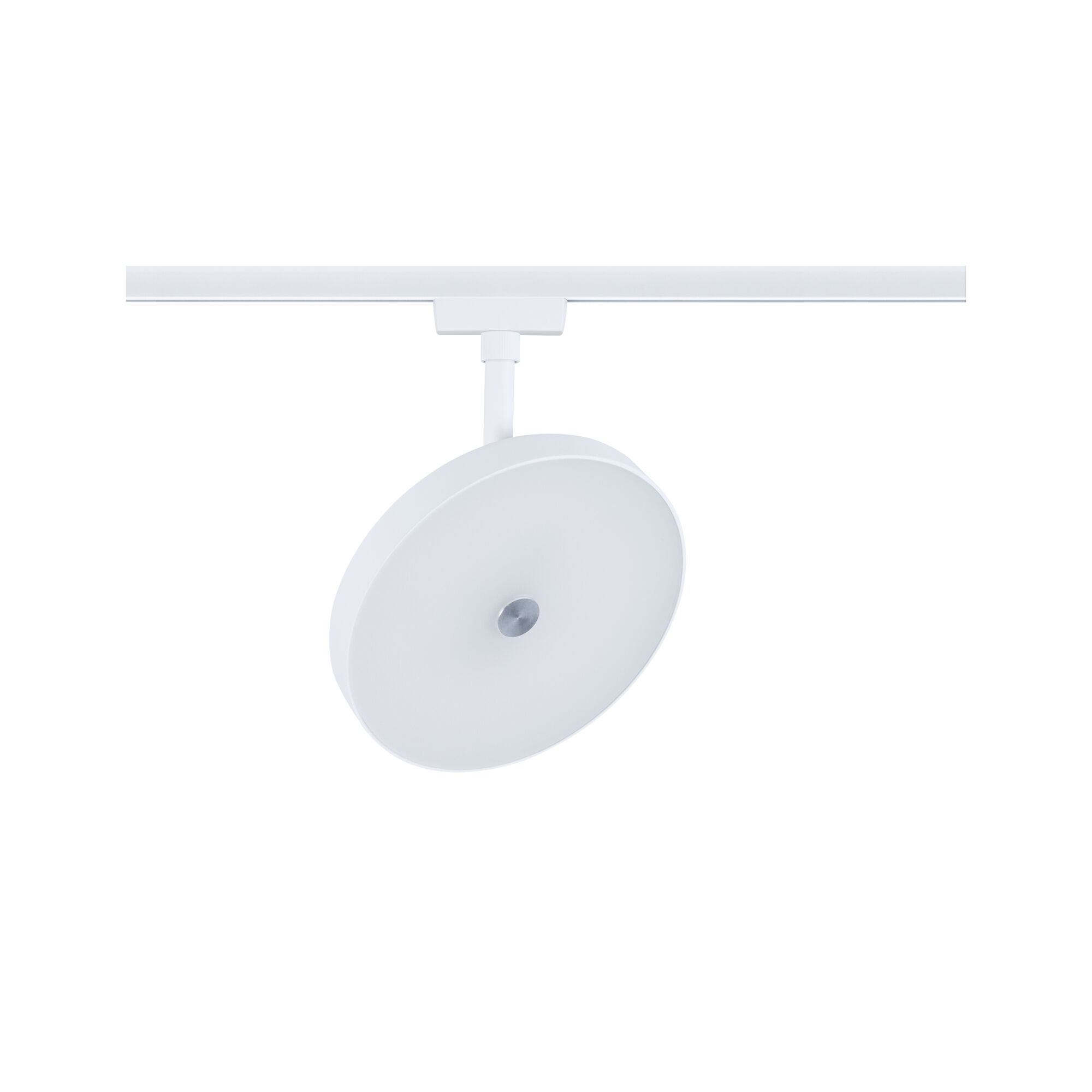 Round white metal LED spotlight on track system for modern indoor lighting solutions