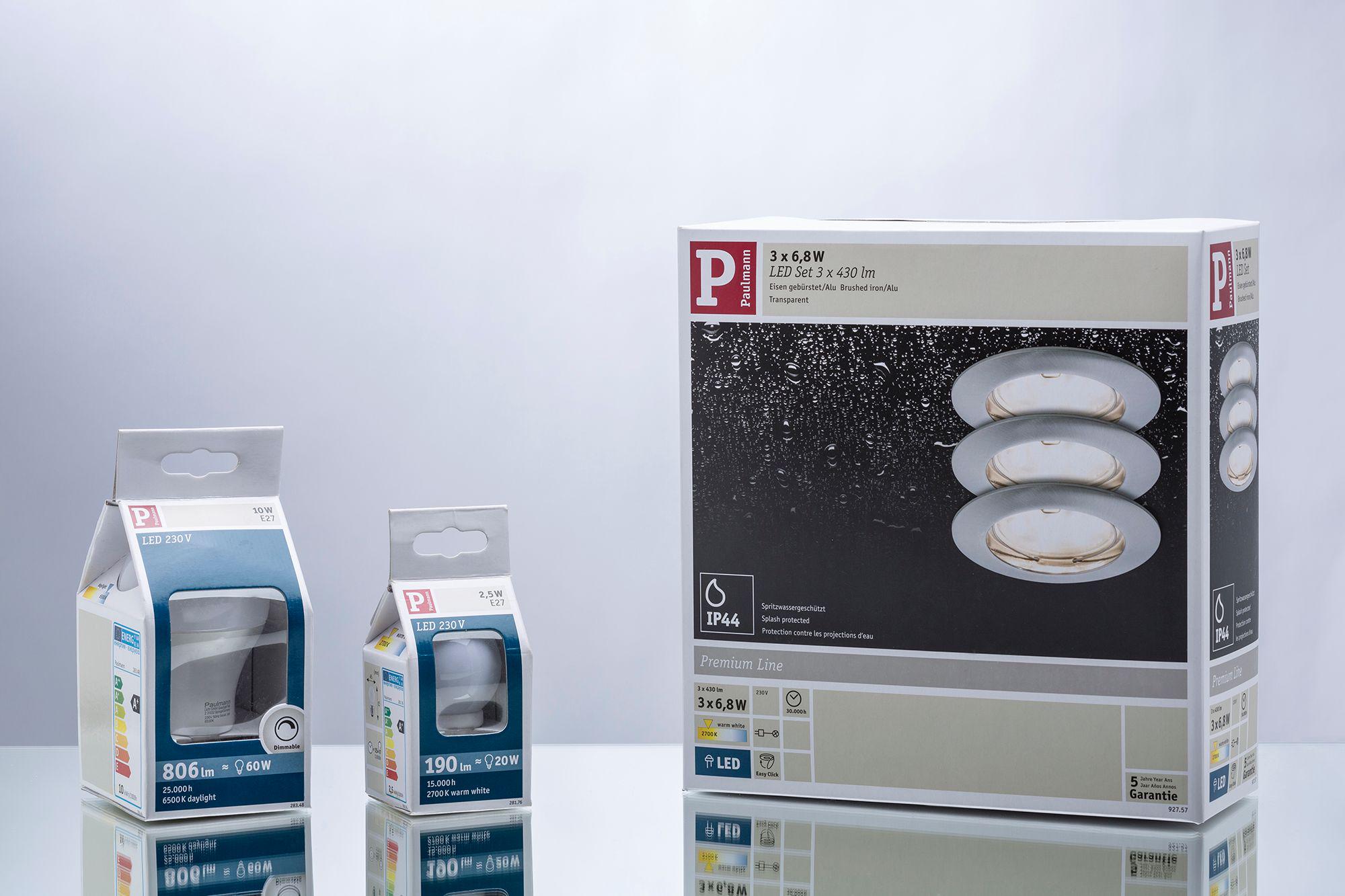 LED bulbs and brushed aluminum LED set in white, energy-saving lighting with IP44 splash protection