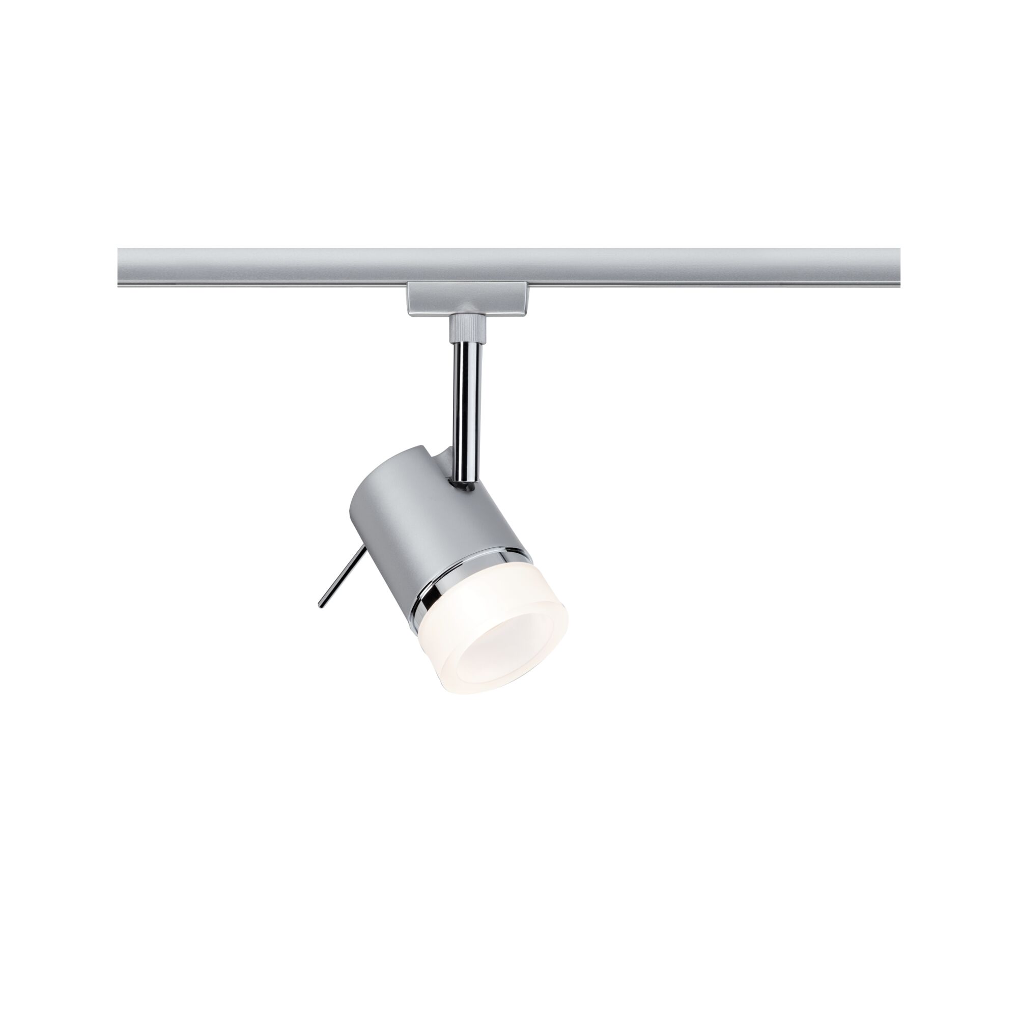 URail Kolejnicový reflektor Pipe Jednoduchý spot GU10 max. 10W stmívatelný 230V Matný chrom/Chrom Moderner LED-Strahler in Silber mit weißem Diffusor für Schienensystembeleuchtung