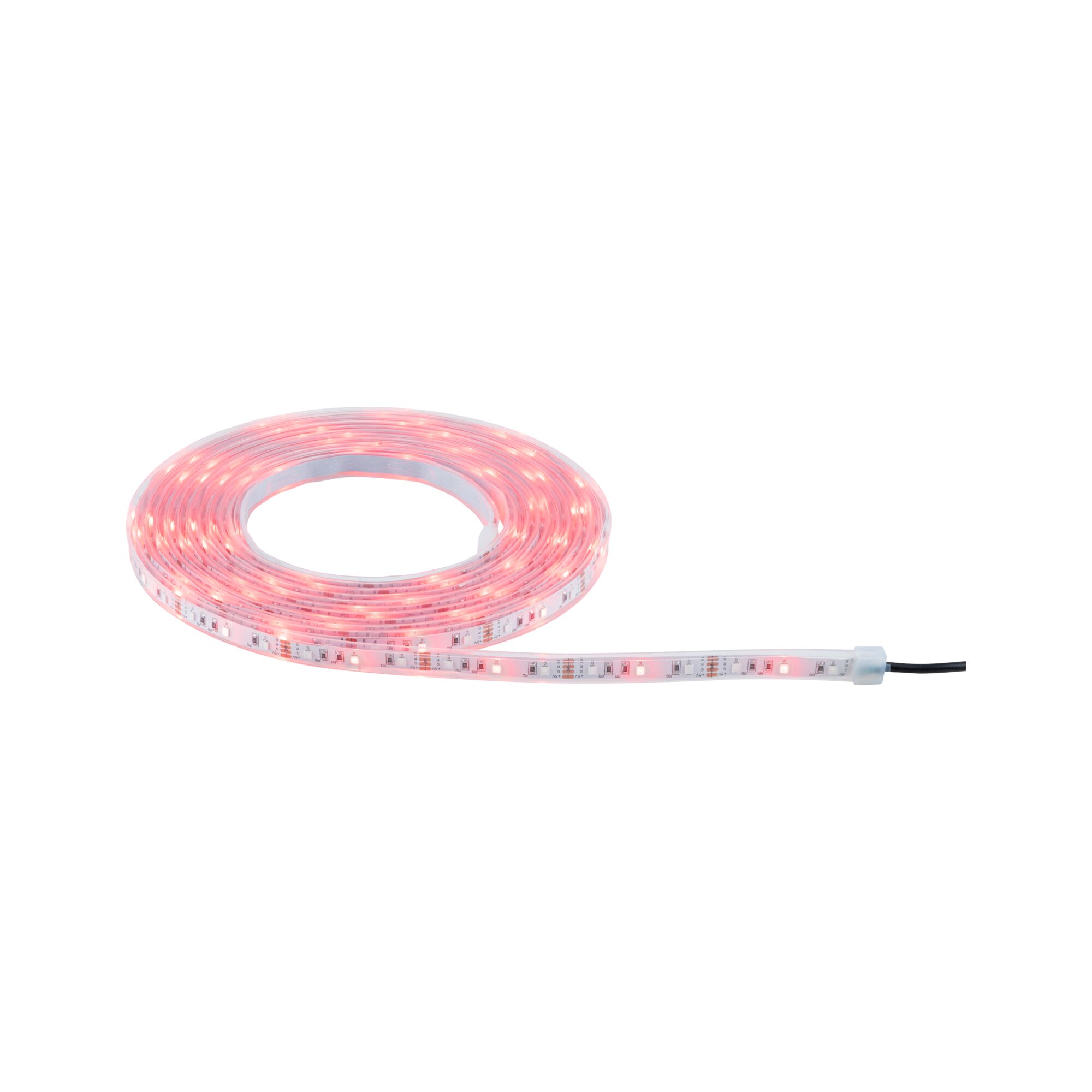Flexible LED strip light with red illumination and transparent plastic casing for decorative lighting effects.