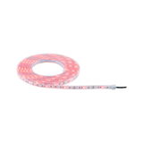 Flexible LED strip light with red illumination and transparent plastic casing for decorative lighting effects.