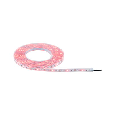 Flexible LED strip light with red illumination and transparent plastic casing for decorative lighting effects.
