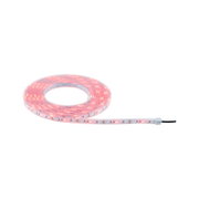 Flexible LED strip light with red illumination and transparent plastic casing for decorative lighting effects.