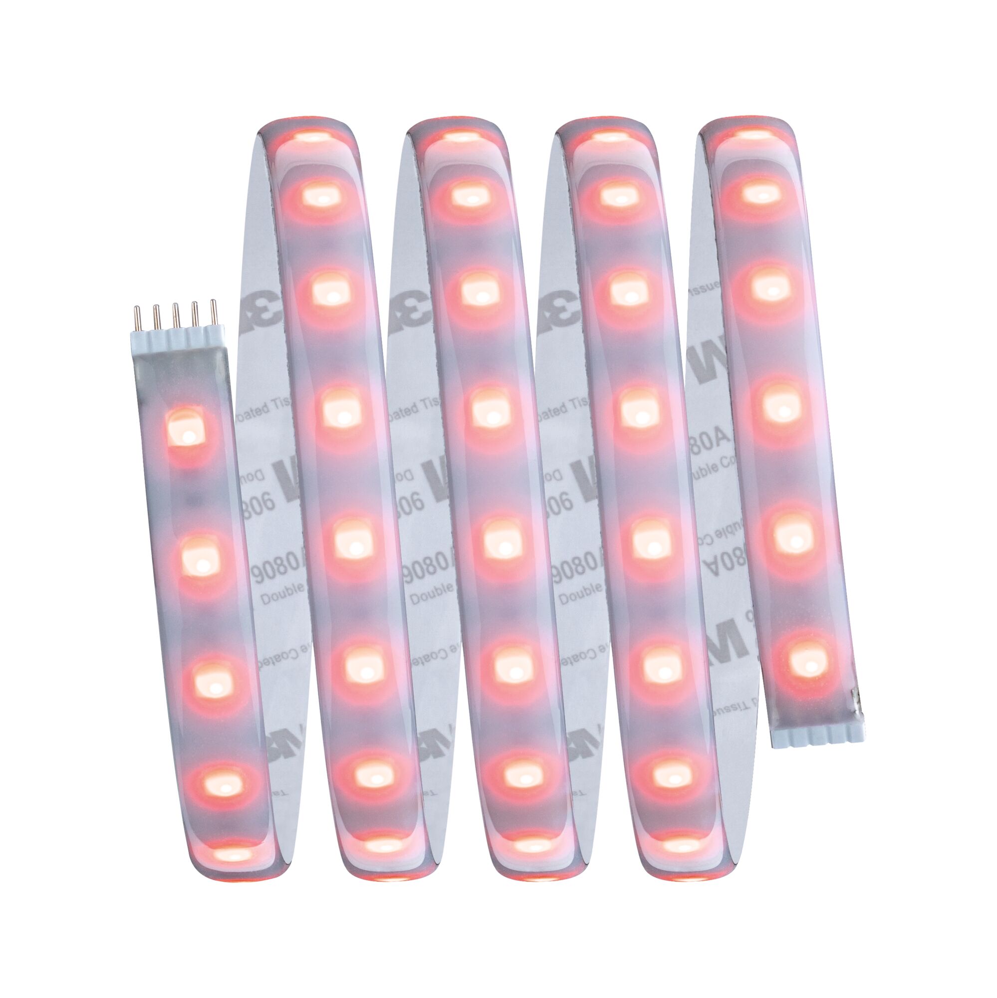 Flexible LED strip light with warm white glow and adhesive back for versatile lighting solutions