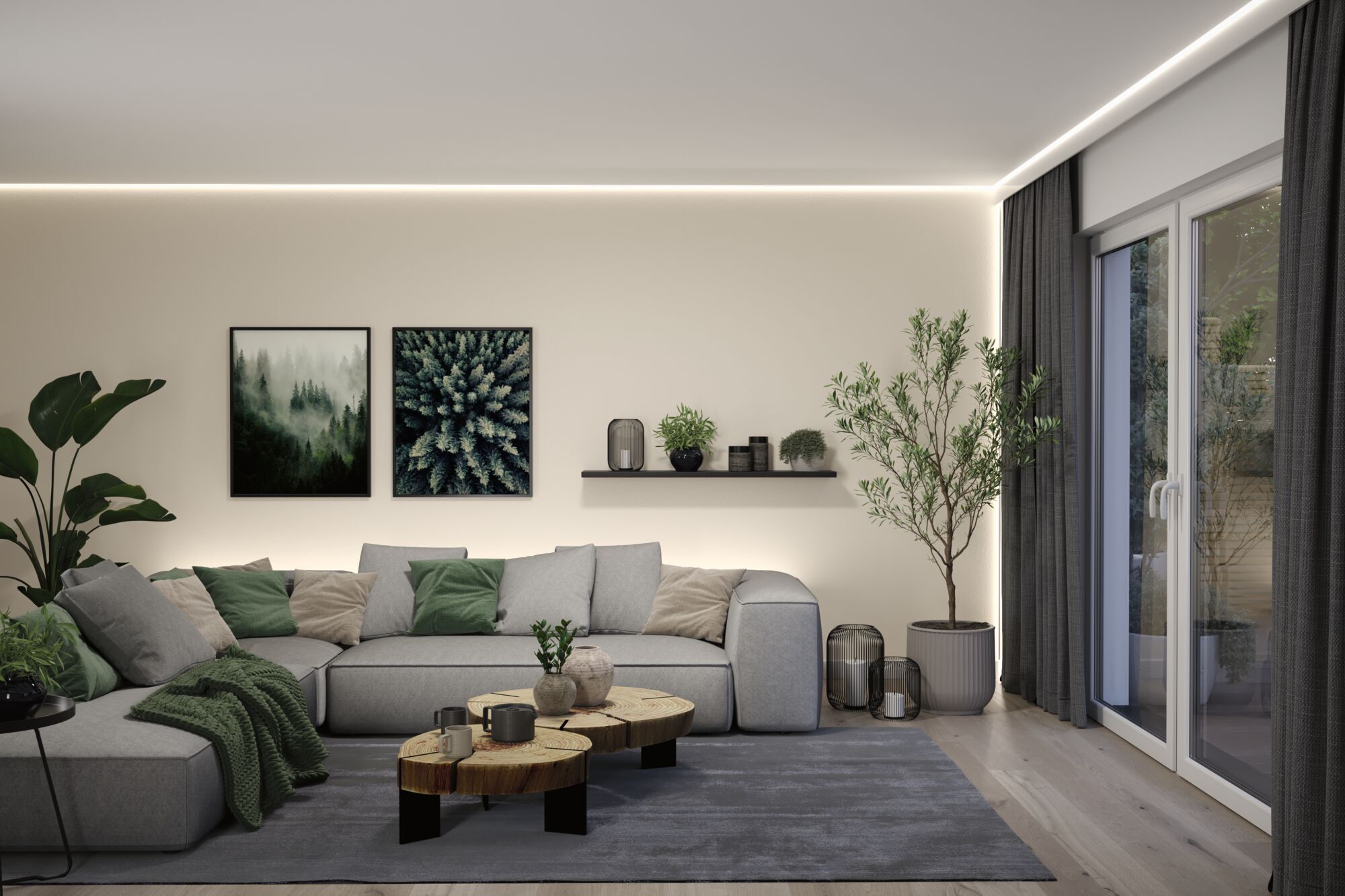 Moderne stue med grå stofsofa, træ-sofabord og indirekte LED-loftbelysning for hyggelig stemning