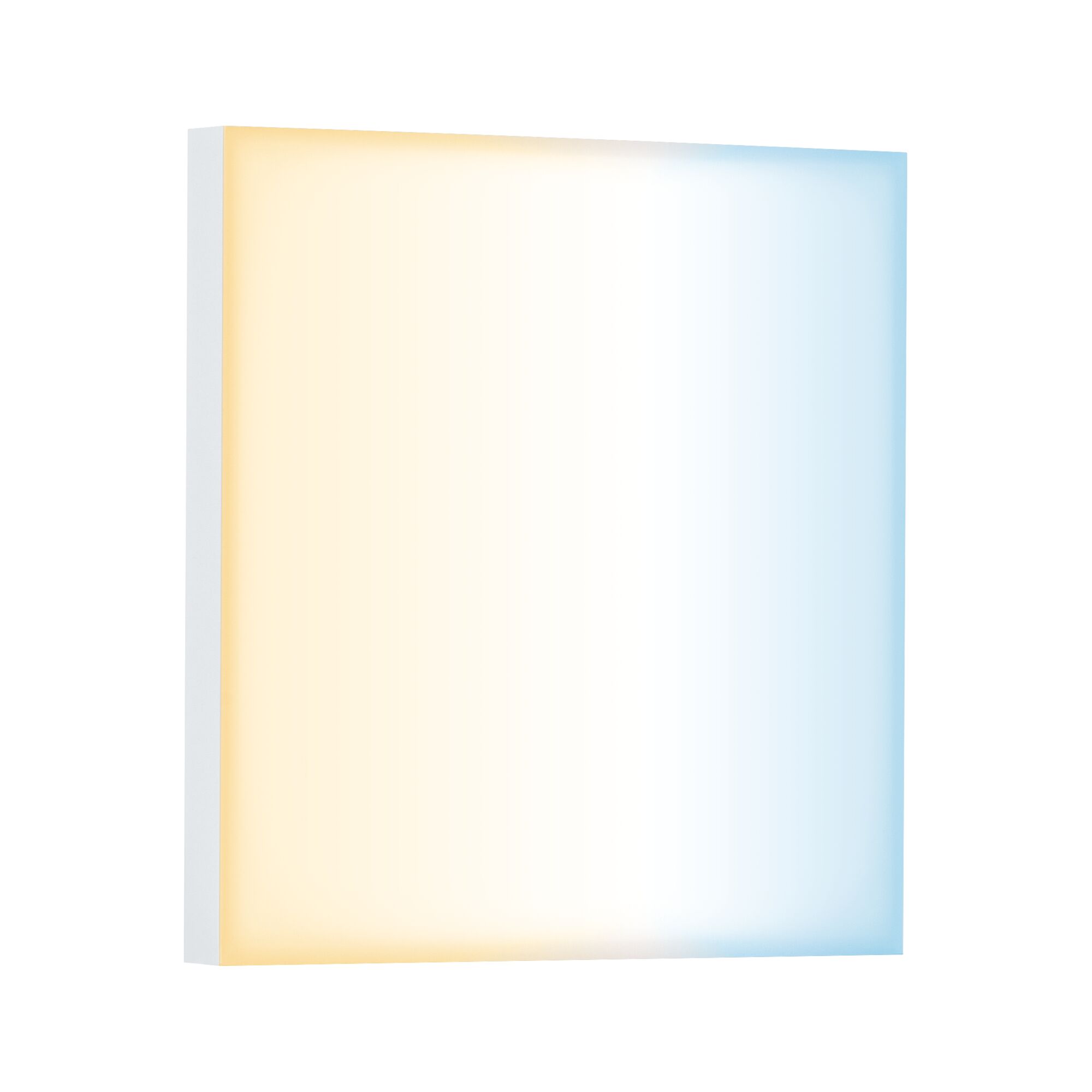 Square LED ceiling light with color change from warm white to cool white, white frame