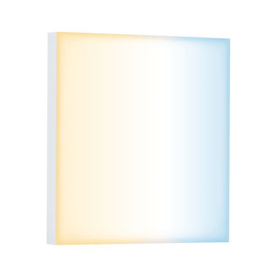 Square LED ceiling light with color change from warm white to cool white, white frame