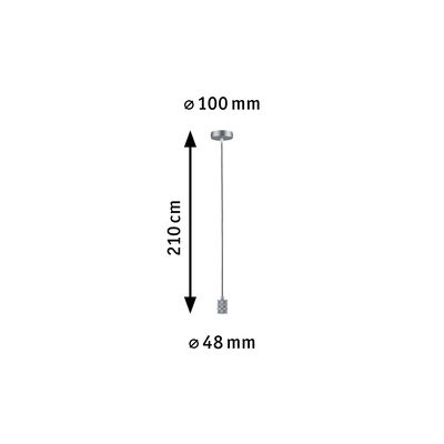 Afmetingen van zilveren metalen hanglamp met 210 cm lengte en 48 mm diameter