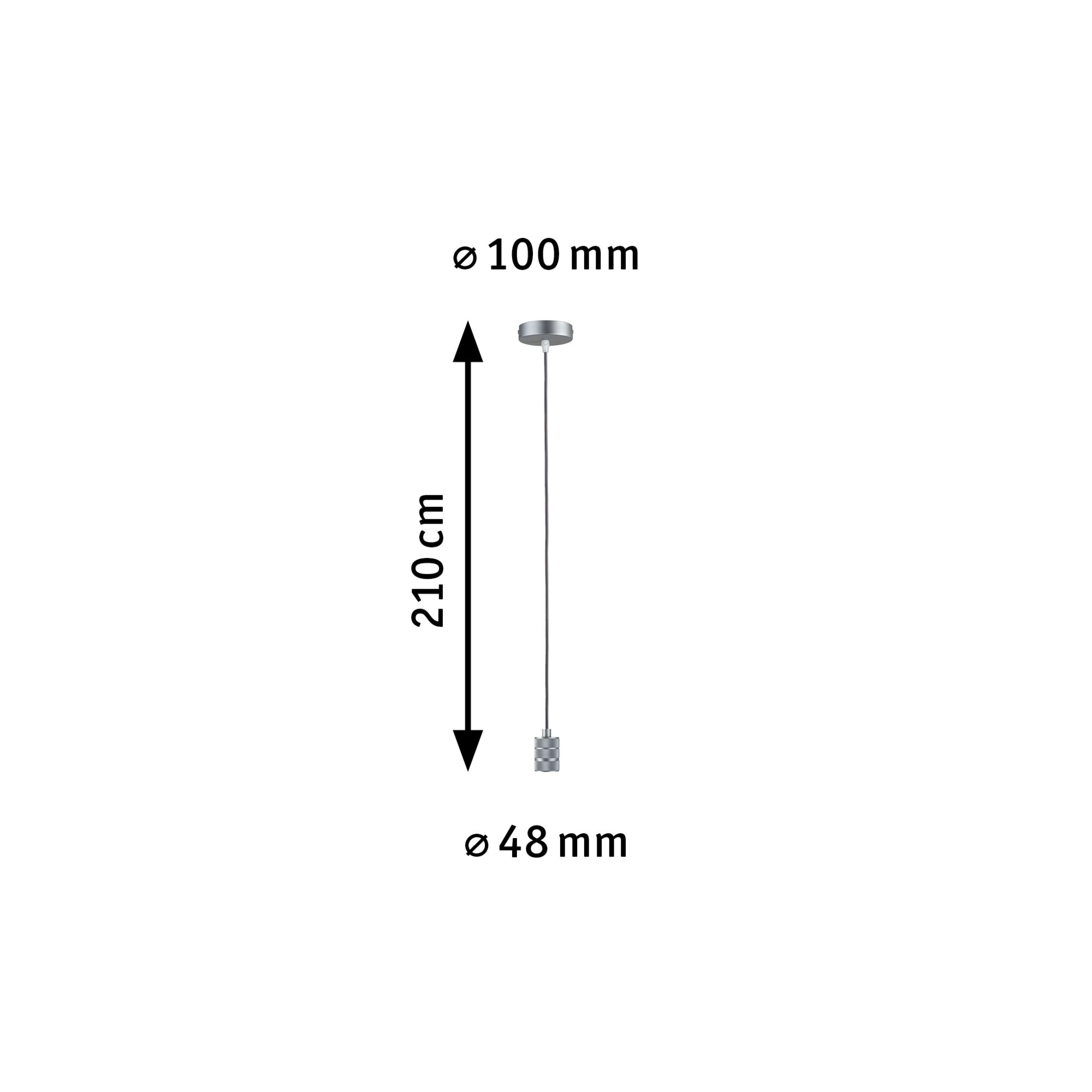 Maßzeichnung einer silbernen Pendelleuchte aus Metall mit 210 cm Länge und 48 mm Durchmesser