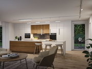 Moderne Küche mit Holzfronten und weißen Schränken, LED-Deckenleuchten und Pendelleuchten in Weiß