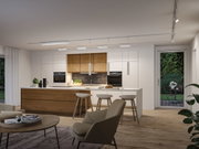 Modern kitchen with wood fronts and white cabinets, white LED ceiling and pendant lights