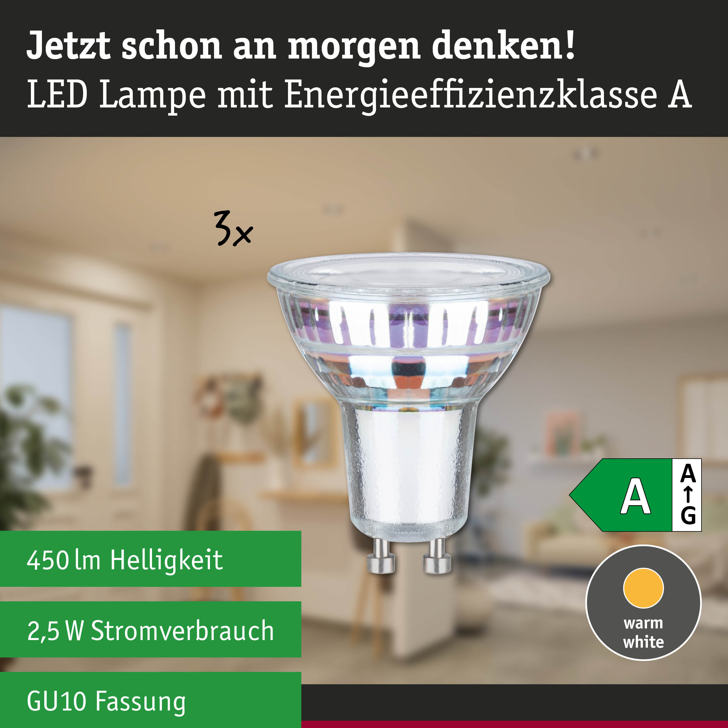 Efficient-Line Standard 230V LED Reflektor GU10 3er-Set 3x450lm 3x2,5W 3000K Silber