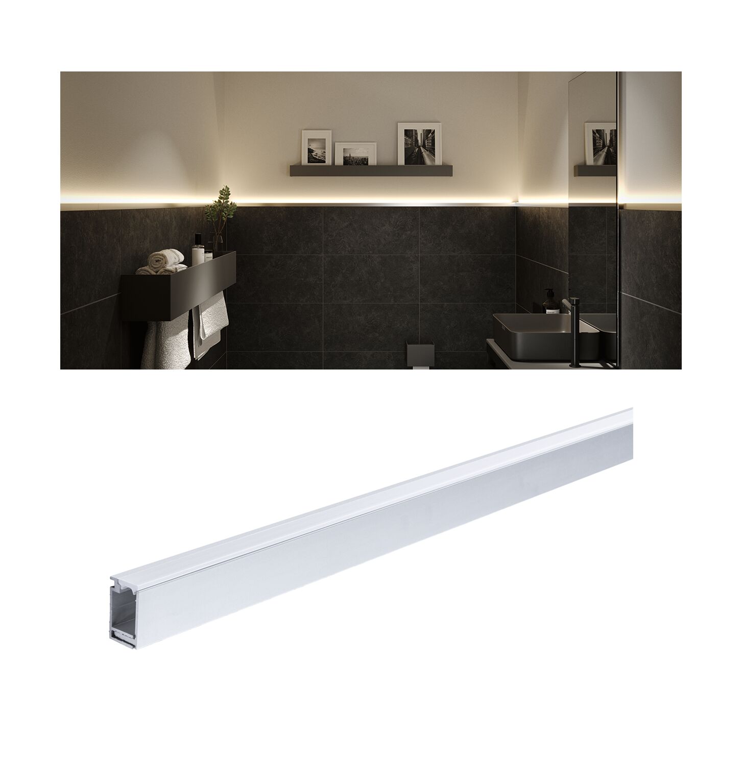 White aluminium LED profile for indirect lighting in modern bathroom with dark tiles