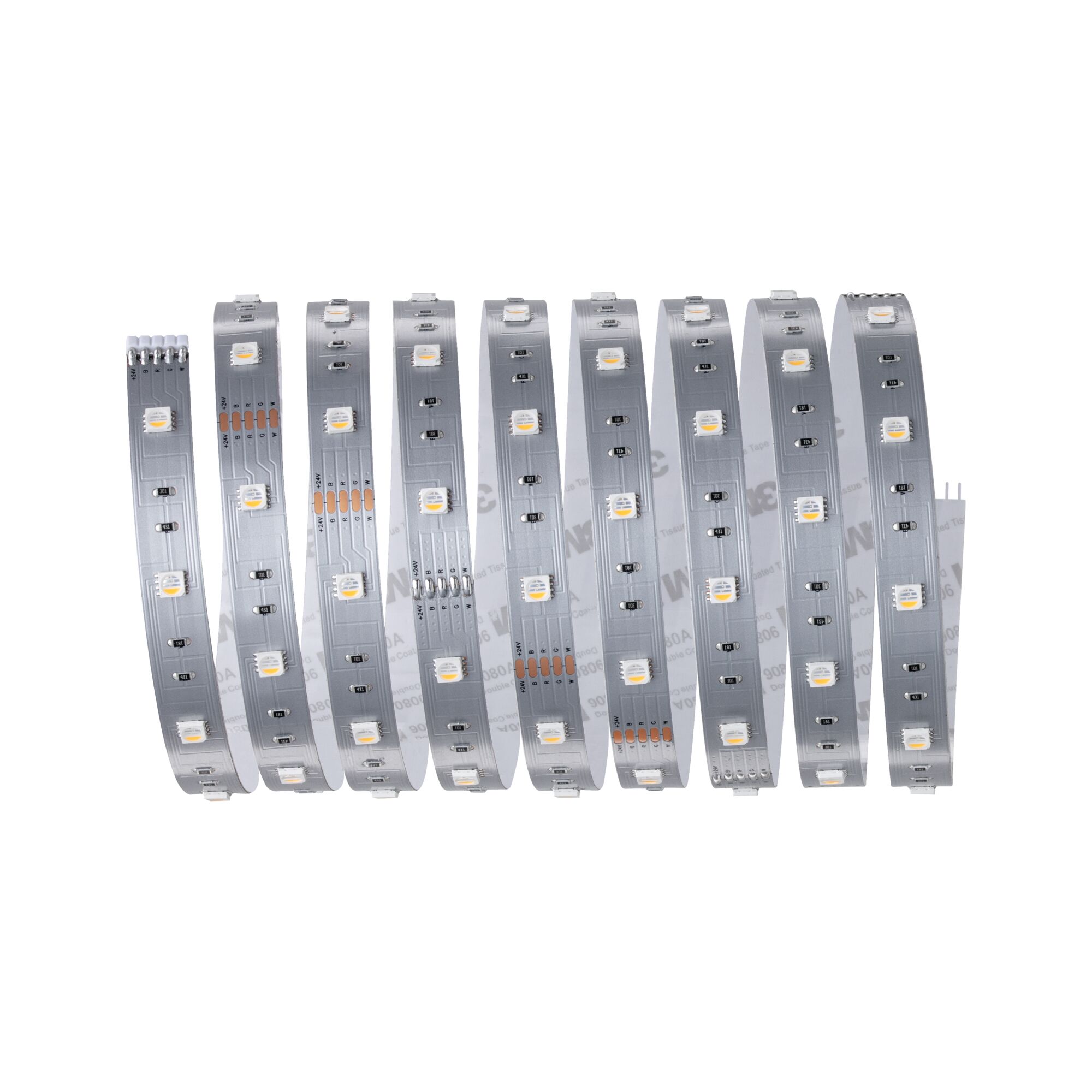 Bande LED flexible argentée avec LEDs blanches pour éclairage moderne et décoration.