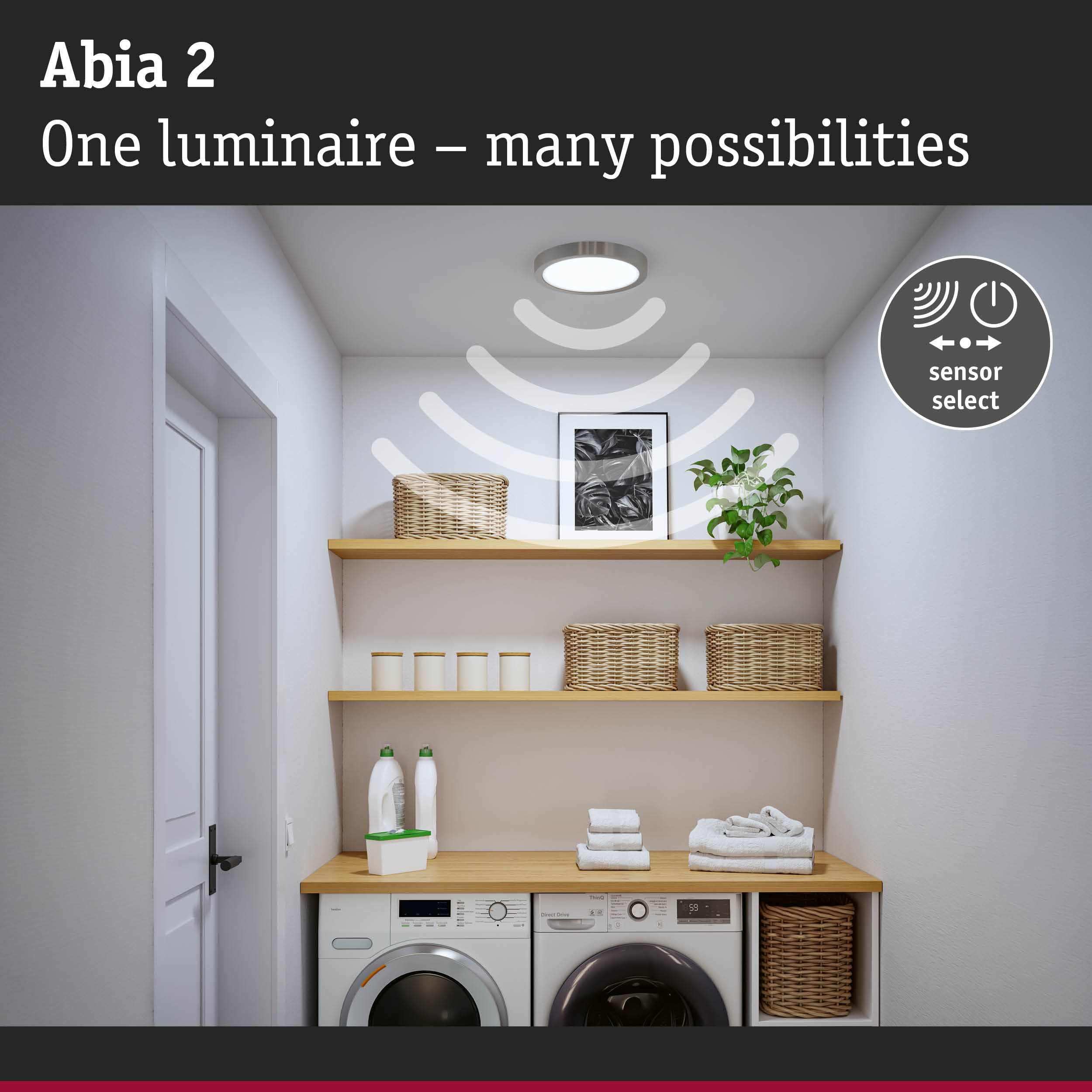 Abia 2 stainless steel LED ceiling light with sensor for versatile lighting in laundry or utility rooms