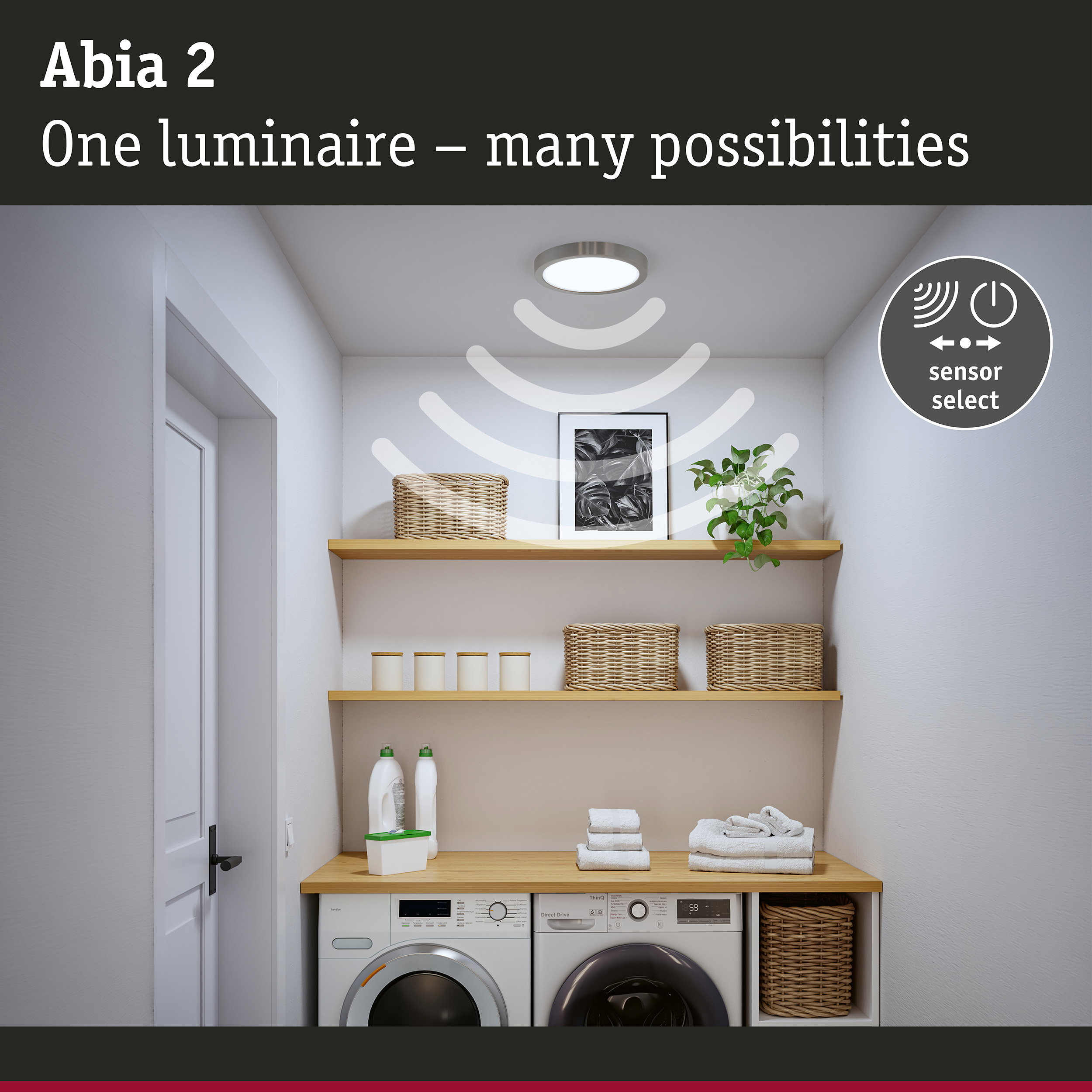 Abia 2 stainless steel LED ceiling light with sensor for versatile lighting in laundry or utility rooms