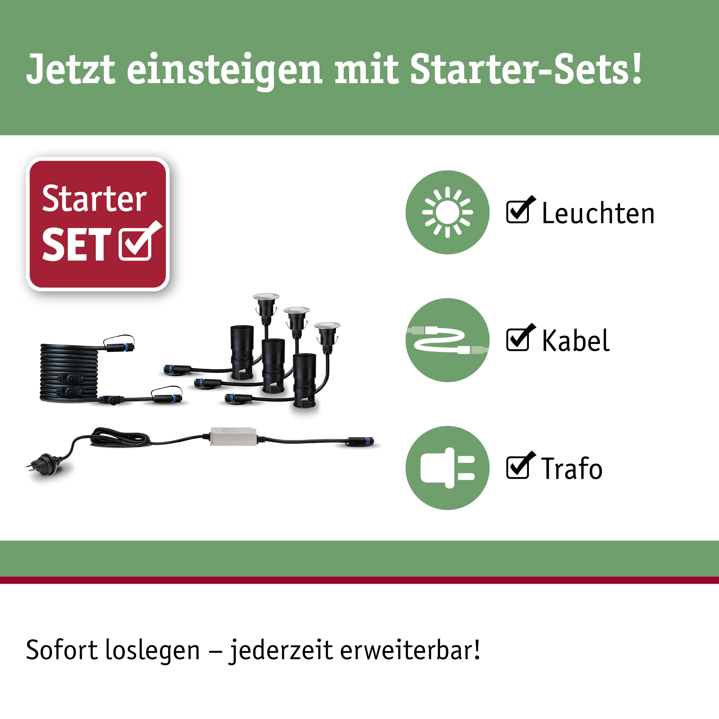 Starter-Set mit schwarzen LED-Leuchten, Kabel und Trafo für einfache Gartenbeleuchtung Installation