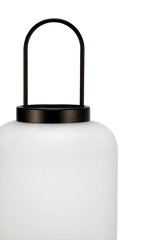 Modern white glass lantern with black metal handle for ambient lighting indoors and outdoors