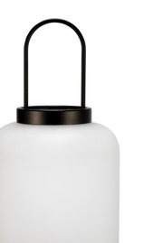 Modern white glass lampshade with black metal handle for stylish indoor lighting