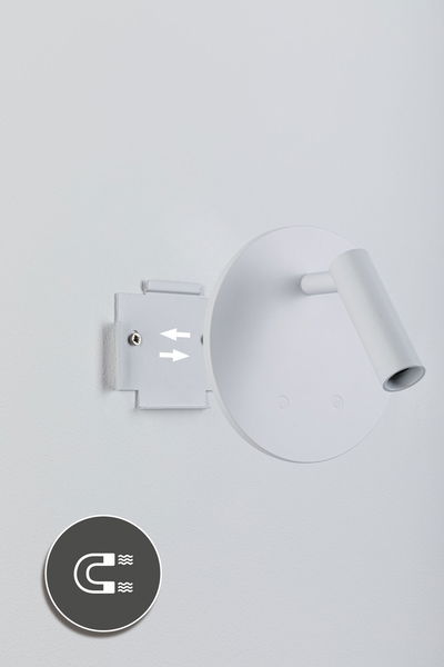 Modern white metal LED wall light with magnetic mount and adjustable spotlight for flexible lighting