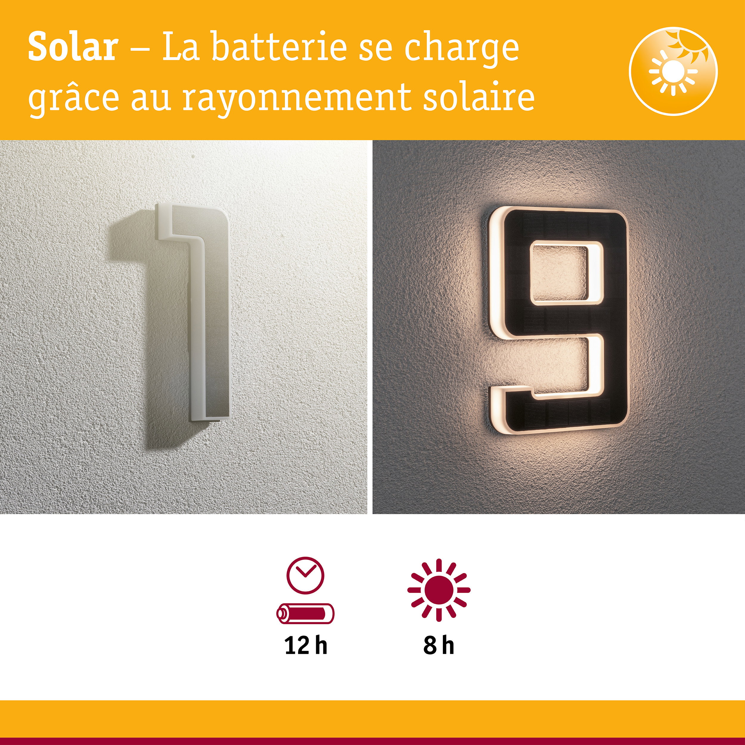 Éclairage solaire pour numéro de maison en blanc et noir avec LED pour éclairage extérieur économique