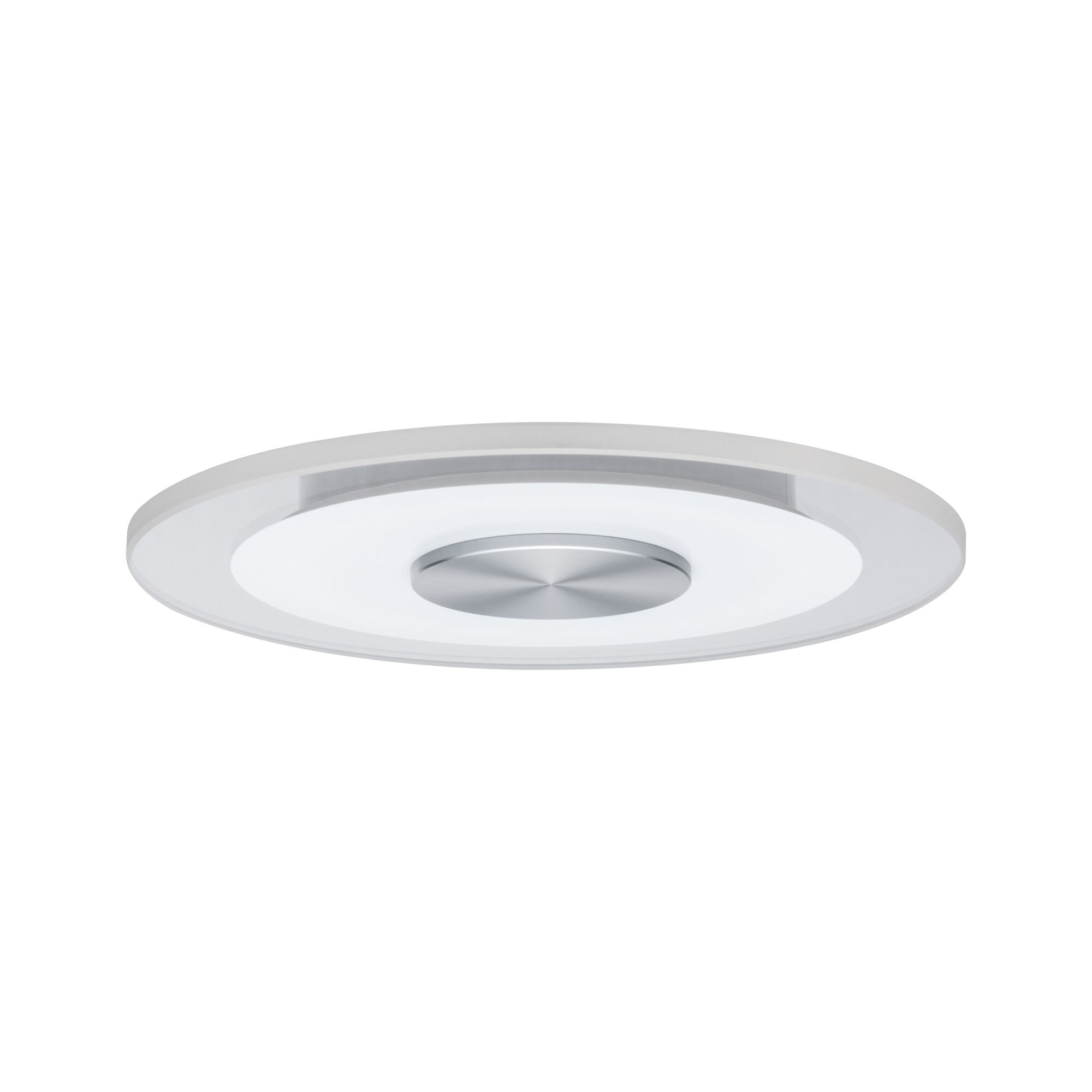 Round ceiling light in white glass and silver metal with modern LED lighting design