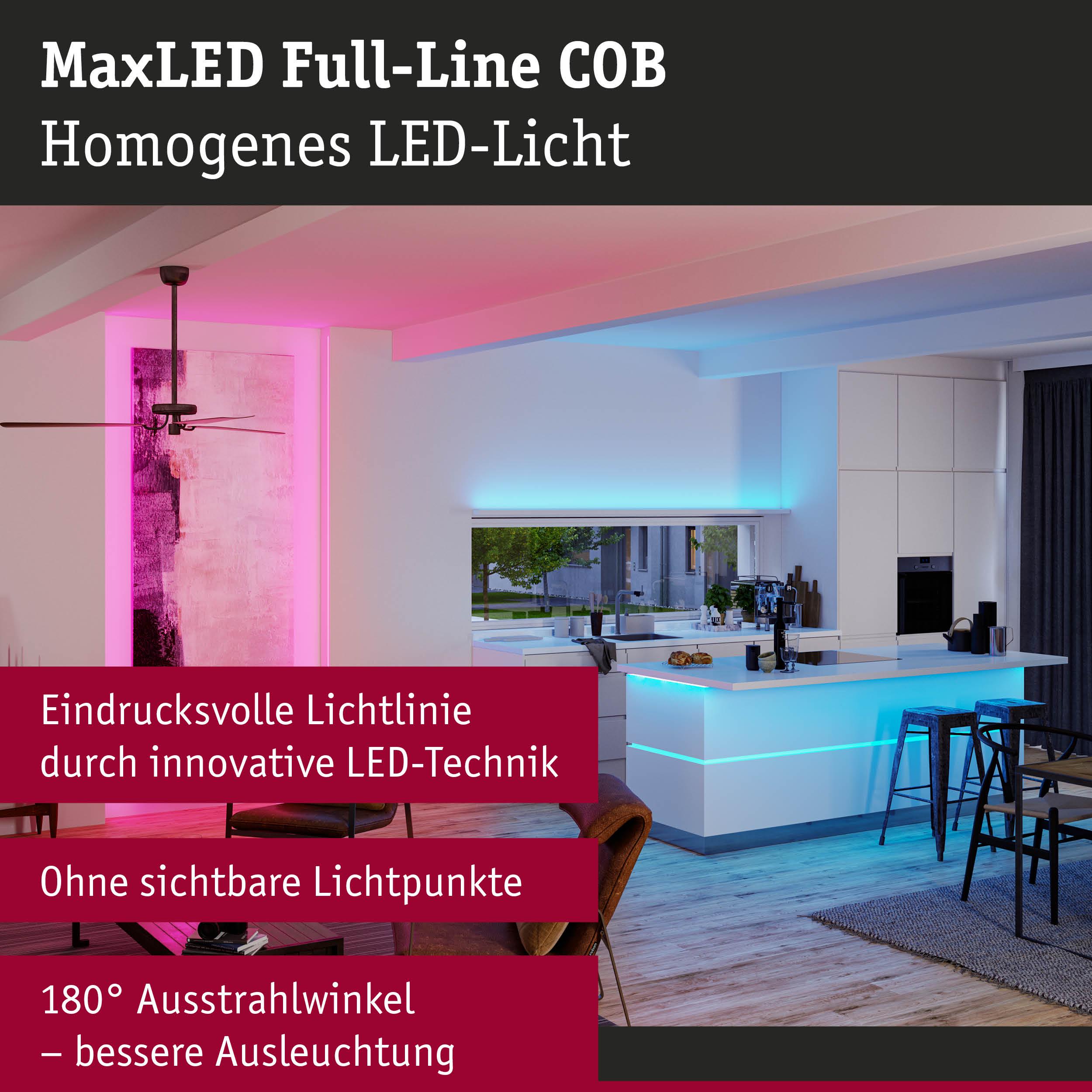 Moderne Küche mit MaxLED Full-Line COB LED-Lichtlinie in Blau und Pink für stimmungsvolle Raumbeleuchtung