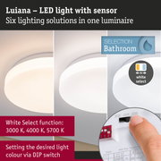 White Luiana LED ceiling light with sensor and adjustable colour temperature for bathroom lighting