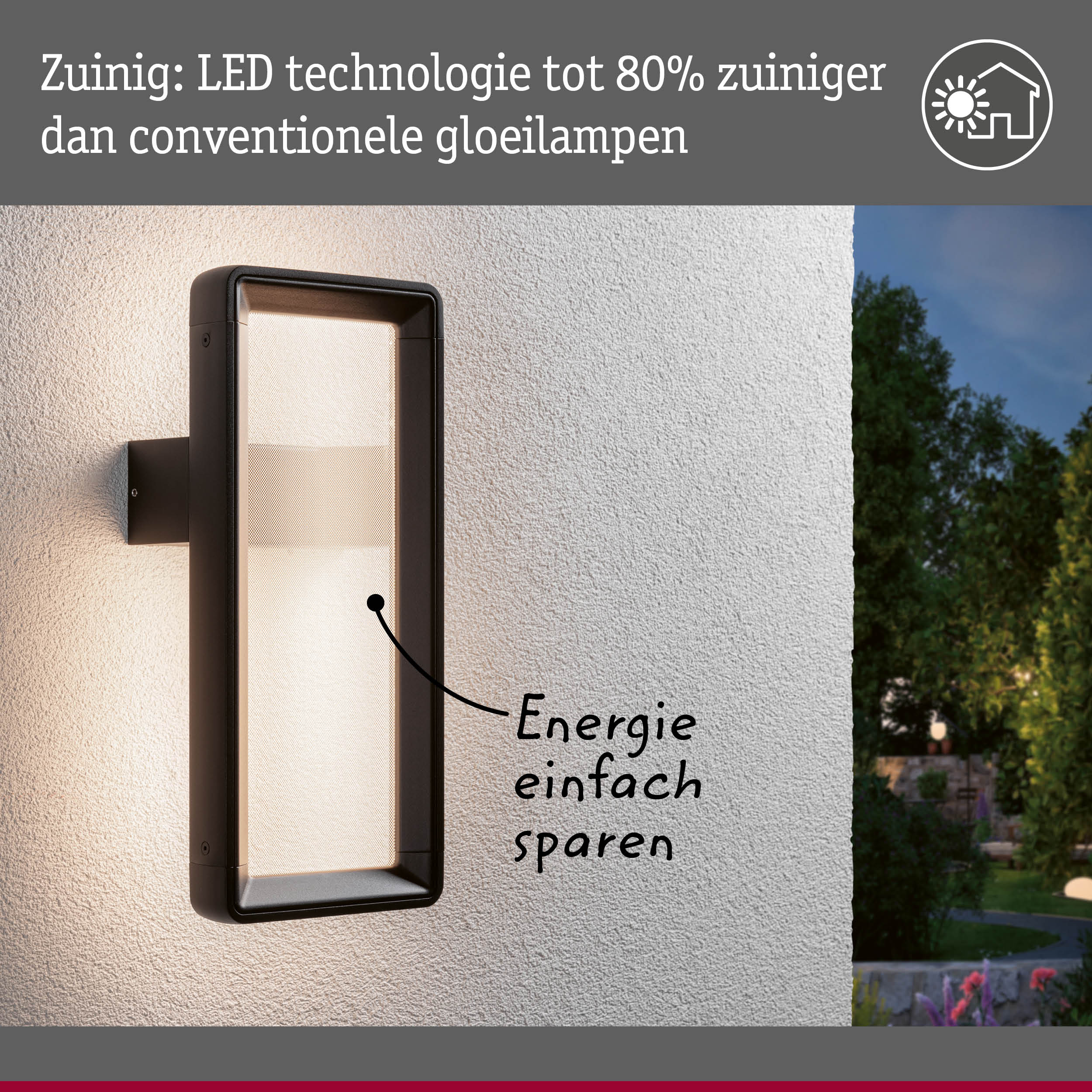Zwarte LED-buitenwandlamp op witte muur met energiebesparende technologie en tuinzicht