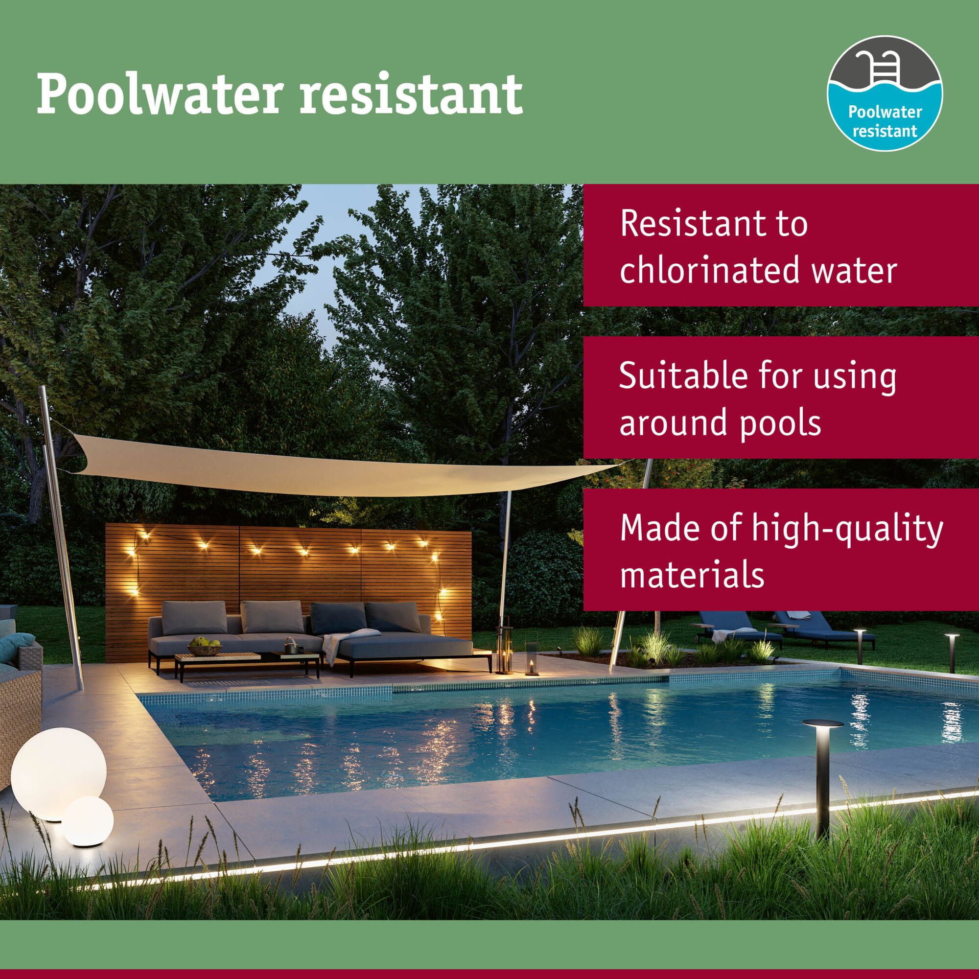 Poolwater resistant outdoor area with modern lighting and seating by the pool in a garden setting.